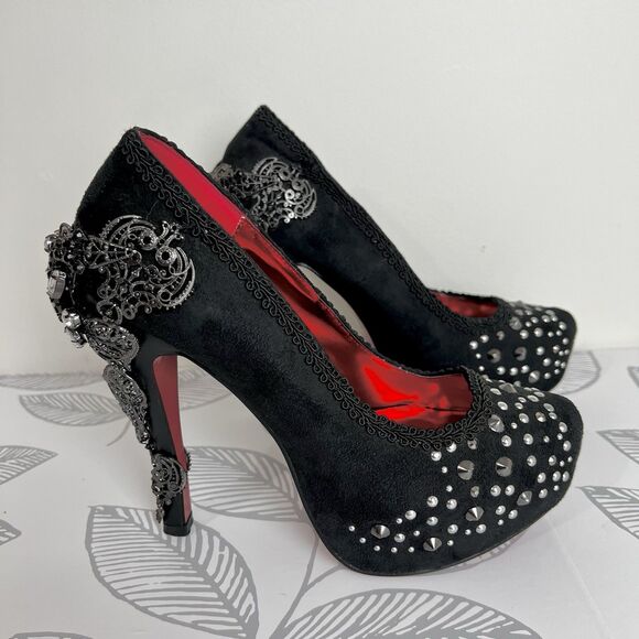 Hades Footwear Amina Heels Black Victorian Pinup Studded Suede Women’s 8 - Picture 1 of 12